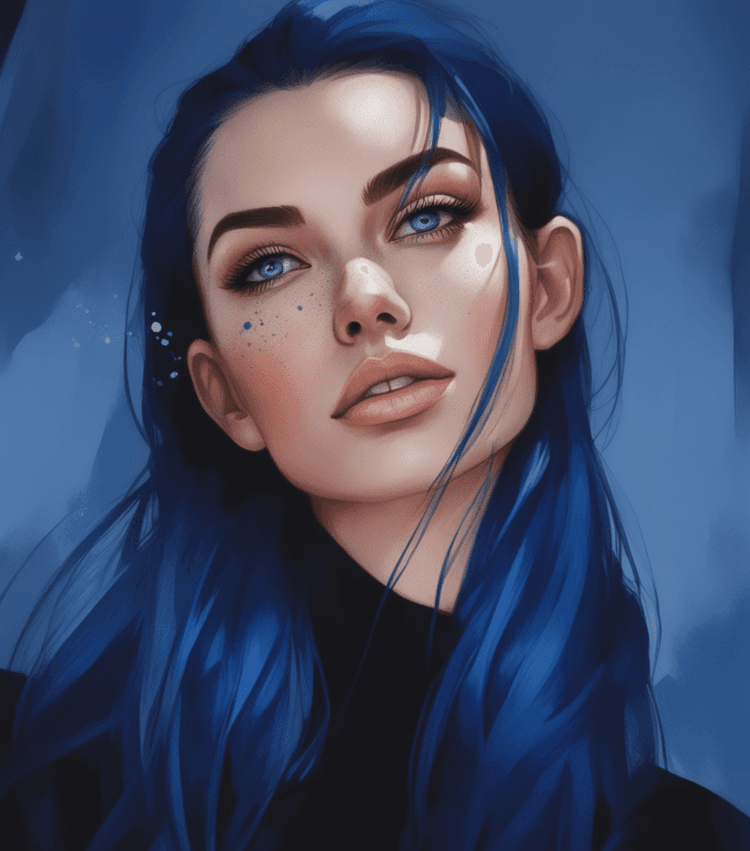 AI generated: a painting of a woman with blue hair and blue eyes, girl with blue hair, rossdraws portrait, neoartc...