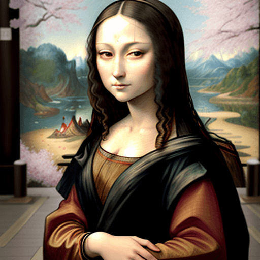 AI generated: Taking the famous Mona Lisa painting as a reference version, the protagonist is a Geisha girl, her h...