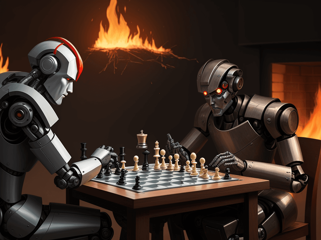 AI generated: A man and a robot playing chess, surrounded by fire