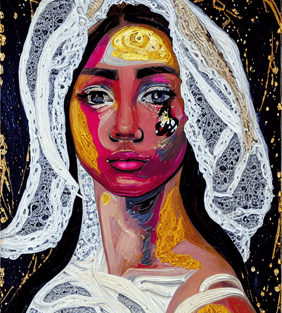 AI generated: Oil painting, high resolution 8k, Pollock master painter, Byzantine artwork, 
young black lady close...