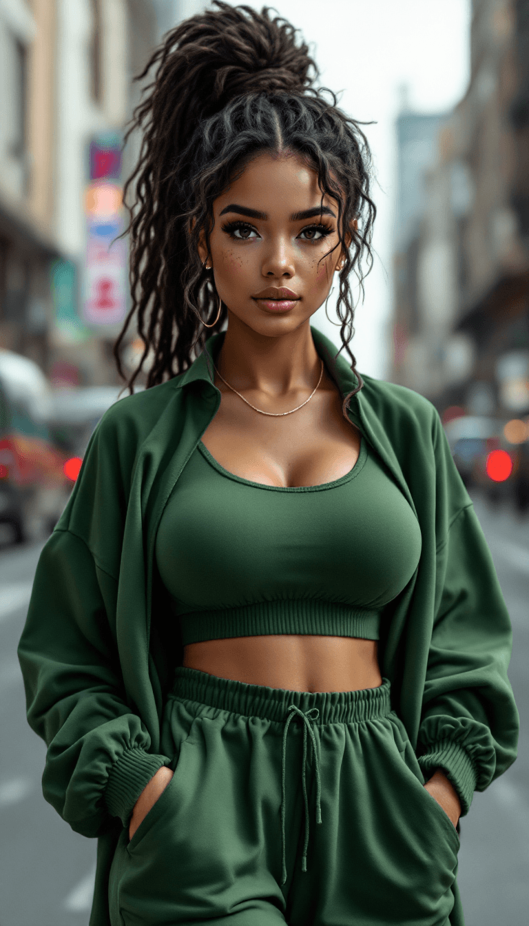 AI generated: editorial photo of a beautiful, big-bosomed, multiracial woman with freckles modeling casual, deep g...