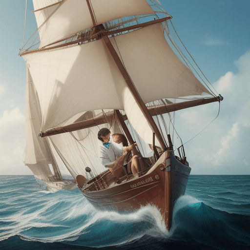 AI generated: a boy sailing boat in ocean his hand on seven-spoked ship's wheel