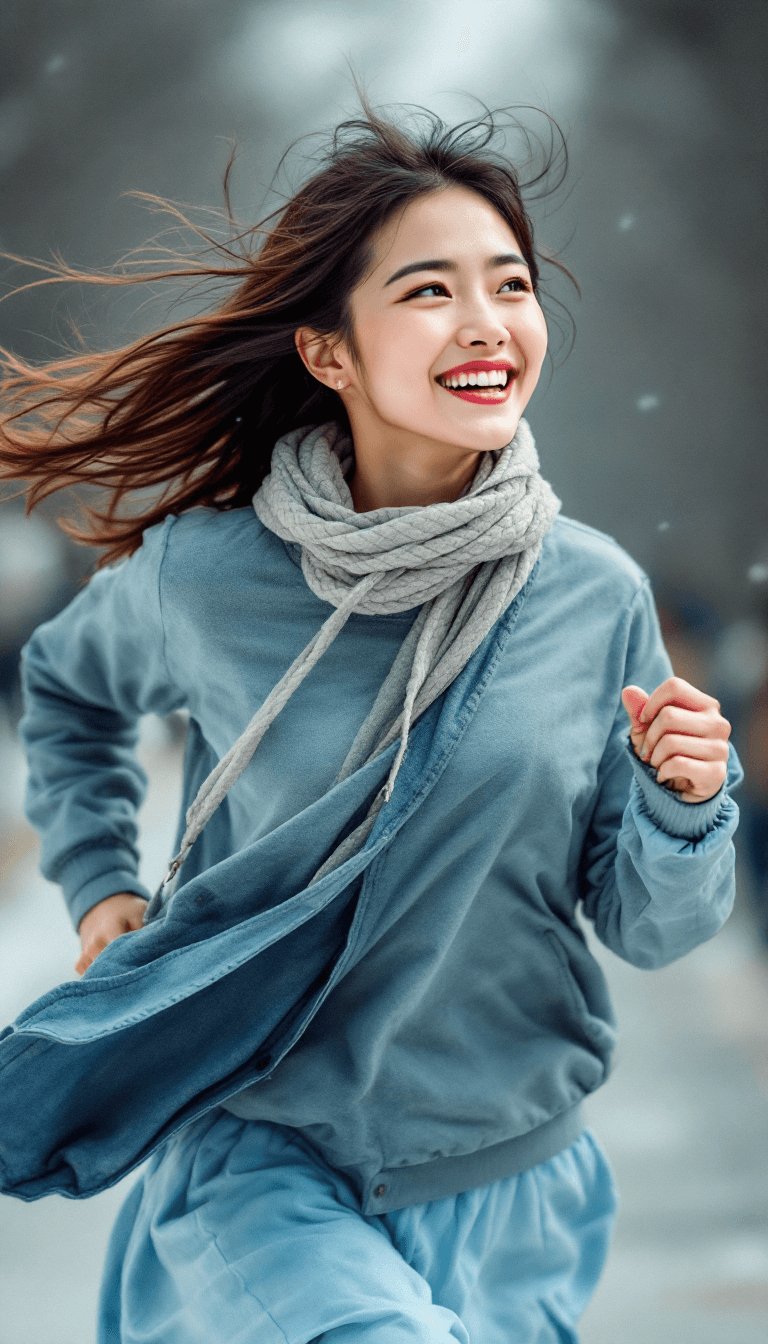 AI generated: Asian woman, running, windswept hair, looking to the right, smiling