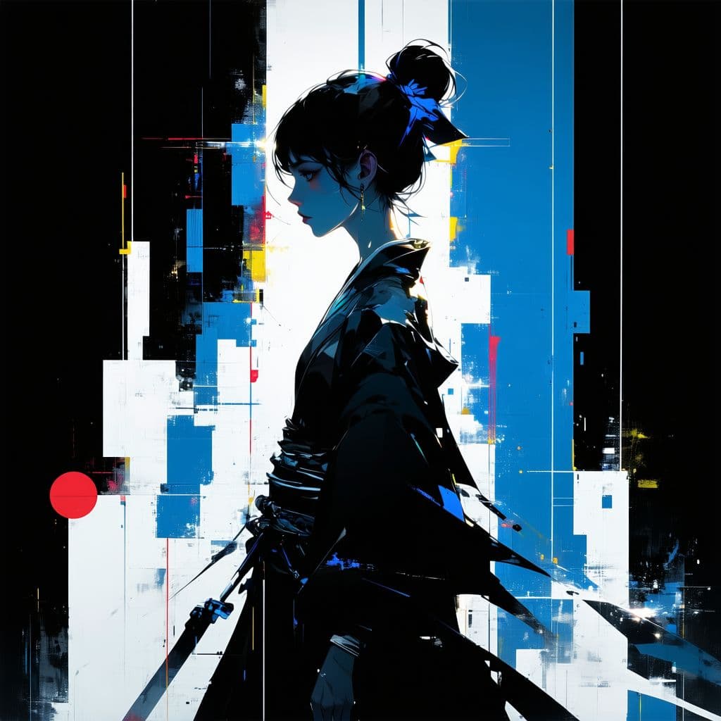 AI generated: Movie poster featuring a female character in a striking palette of black, white, and blue, in the st...