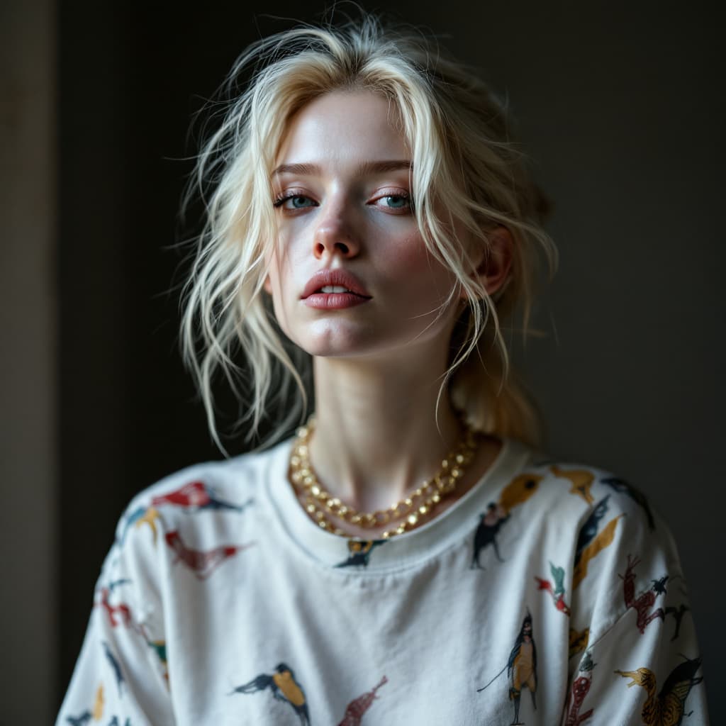 AI generated: white skin blonde with skinny hot face tshirt
