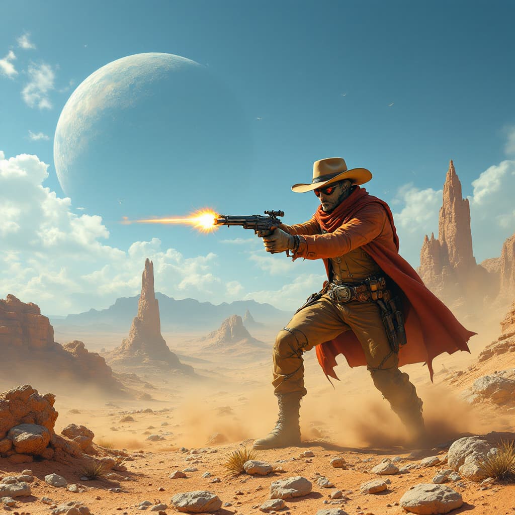 AI generated: a bad guy  cowboy being shot on an alien planet