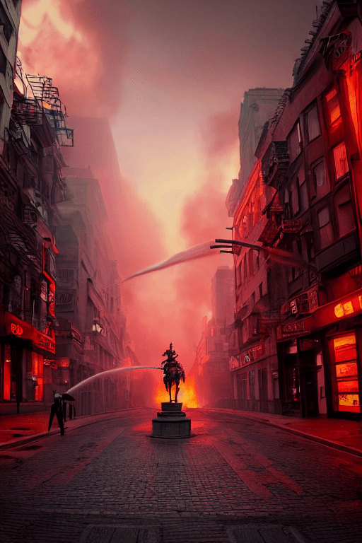 AI generated: city street view with one great statue of a knight in the center with smoke and small fire ,garbage ...