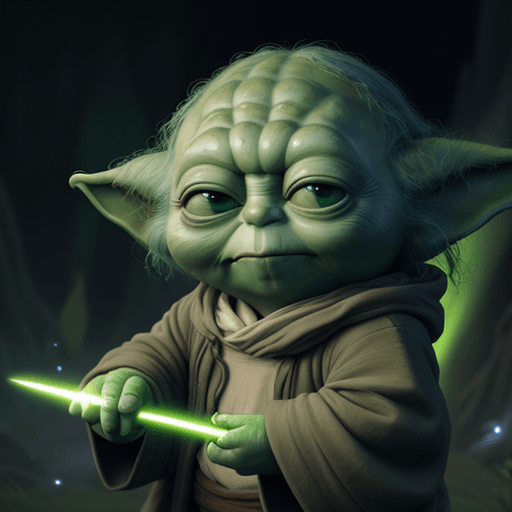 AI generated:  YODA in cosmos, 8k, light sword, happy YODA, friends YODA