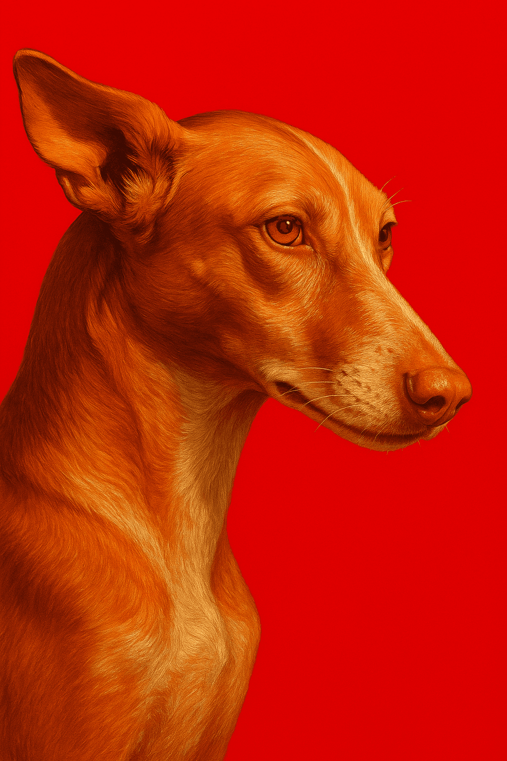 AI generated: A hyper-realistic digital portrait of a sleek, elegant dog resembling a Pharaoh Hound or Podenco, sh...