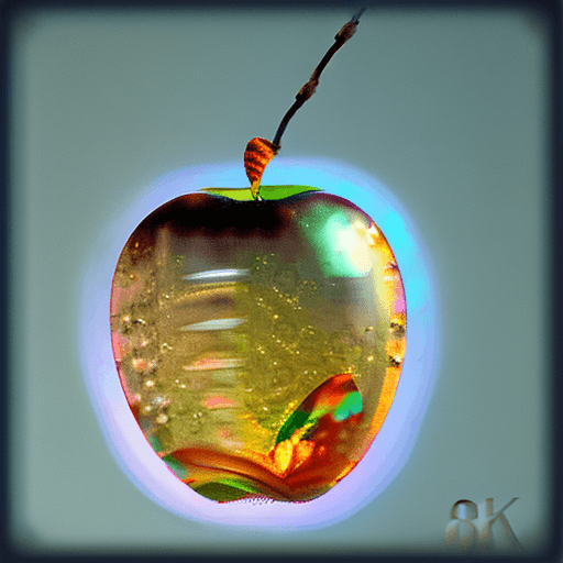 AI generated: a delicate apple made of opal hung on branch in the early morning light, adorned with glistening dew...