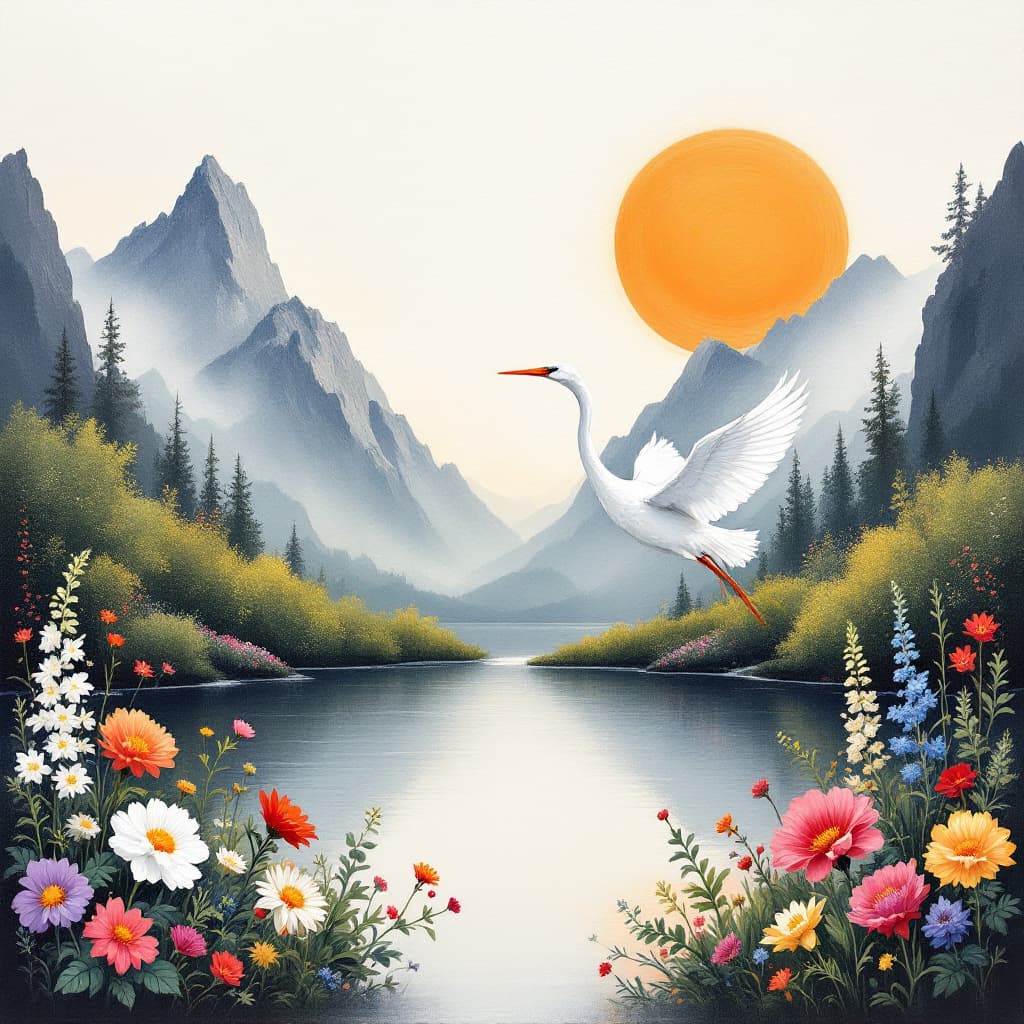 AI generated: A white crane flying over the lake, surrounded by mountains and colorful flowers blooming on both si...