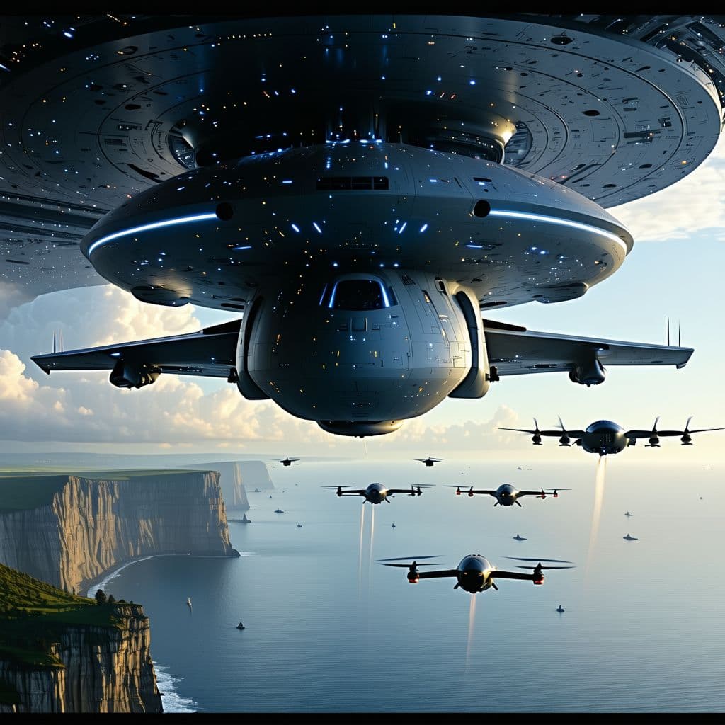 AI generated: A futuristic military drone mothership launching drones towards the coast, 3 d render, heavenly atmo...
