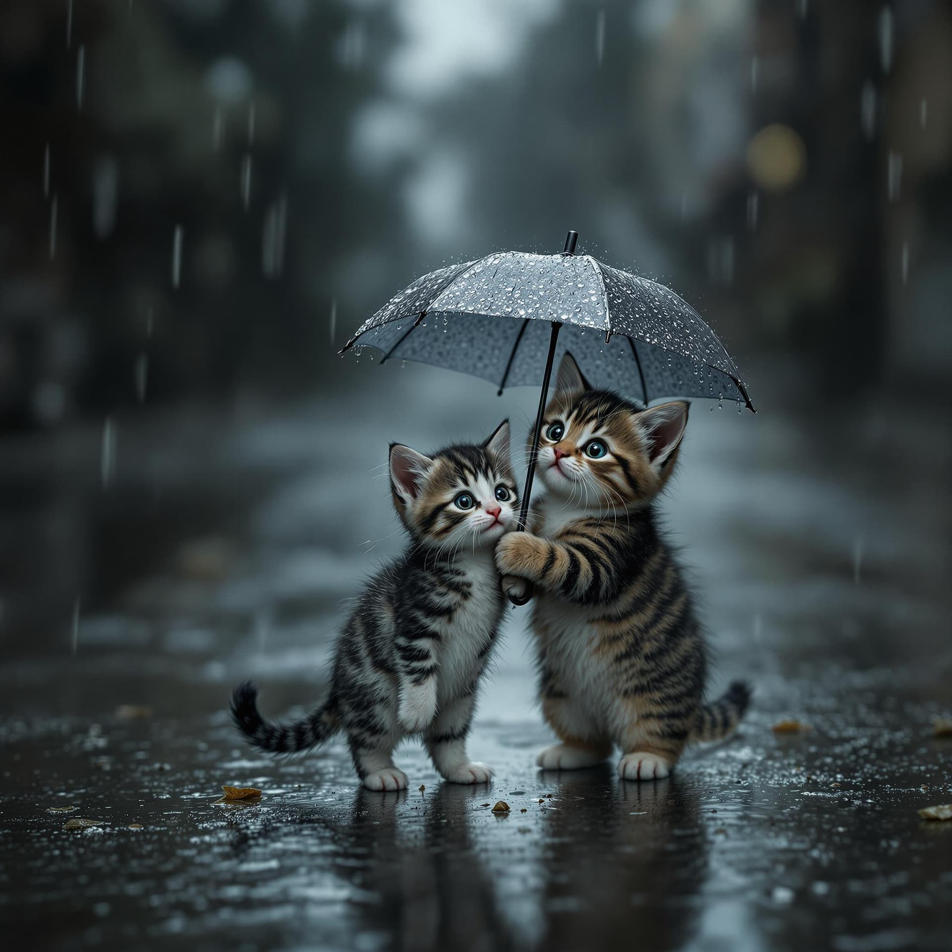 AI generated: A small, black-and-white spotted kitten walks alone in the rain, its fragile body drenched as water ...