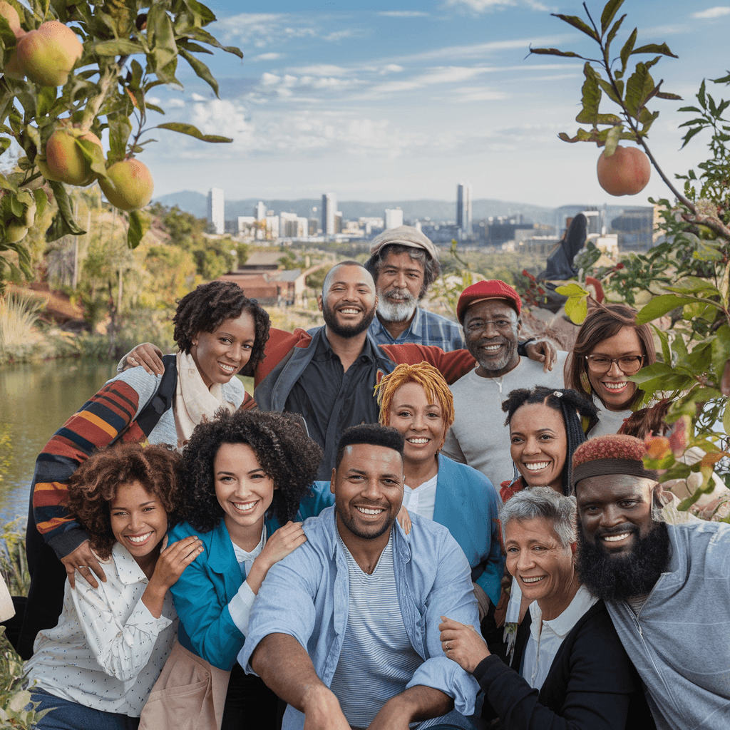 AI generated: Create a futuristic image displaying Freedom using travel, land, family, friends, fruit trees, a lak...