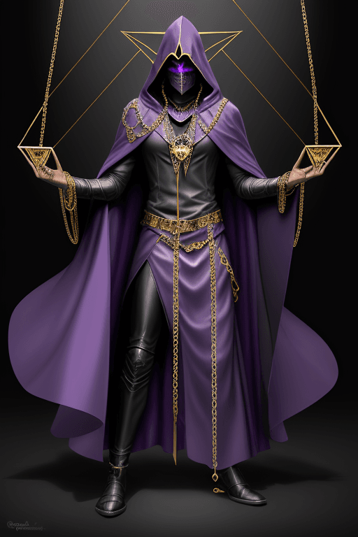 AI generated: Shadow wizard money gang, in purple cloak hood, dark face, gold chains and jewellery. triangle inste...