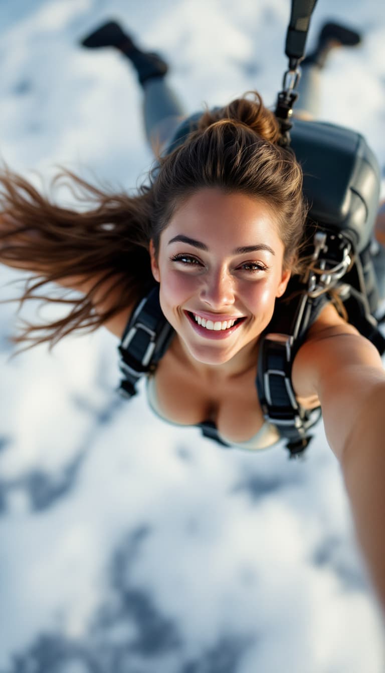 AI generated: 
Go back
female parachutist, jumping from plane, smile, selfie, motion, full body visible, detailed ...