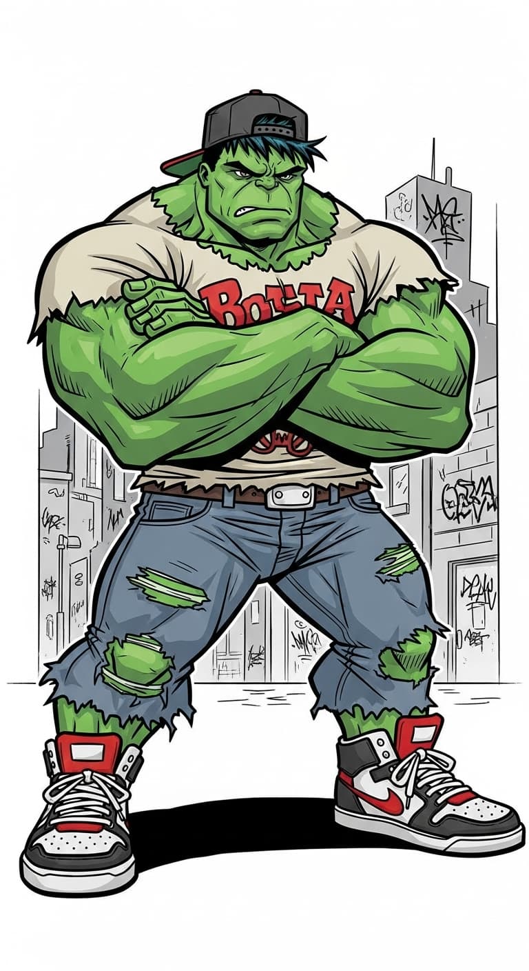 AI generated: Hulk wearing urban attire in the style of a cartoonist artist 