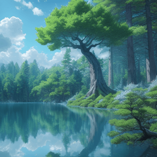 AI generated: epic trees anime in the background, clouds bright, trees green. Day. sun bright. lake blue crystal. ...
