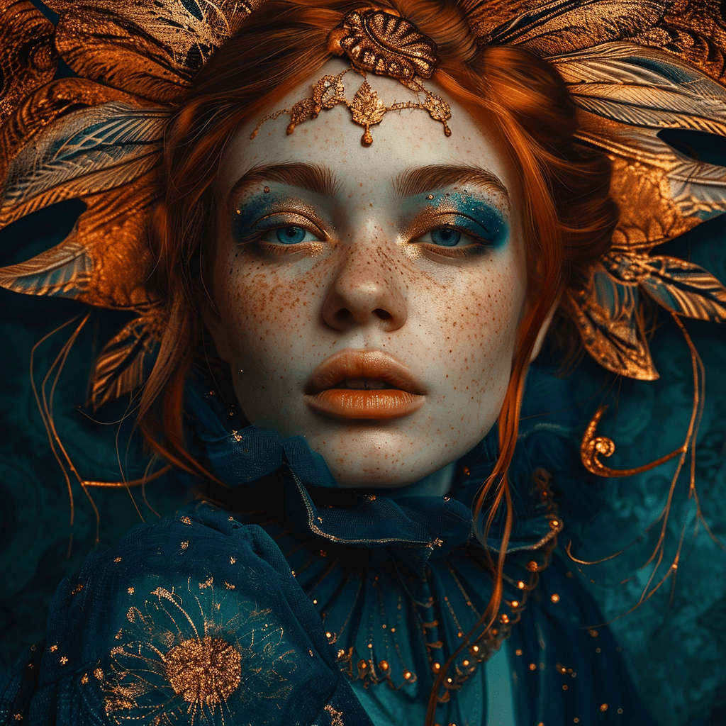 AI generated: A woman in blue paint with a red hair, in the style of hyperrealistic marine life, dark gold and gol...