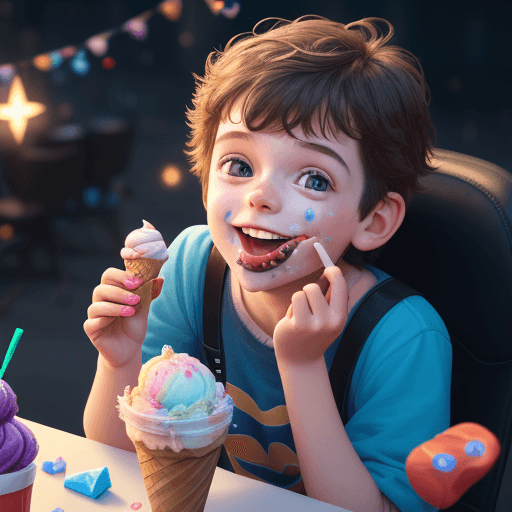 AI generated: cute, adorable, smiling boy eating ice cream, candies flying all around her, Pixar, disnet, cinema l...