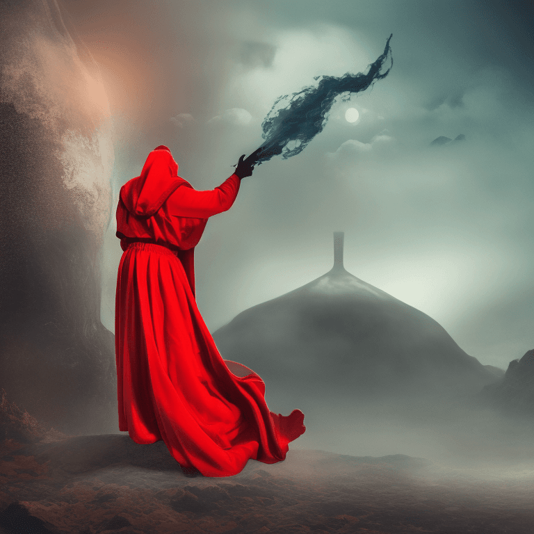 AI generated: Dark fantasy sorcerer with a vulcano in the background. Magical realism. Red robes. Castin g spell