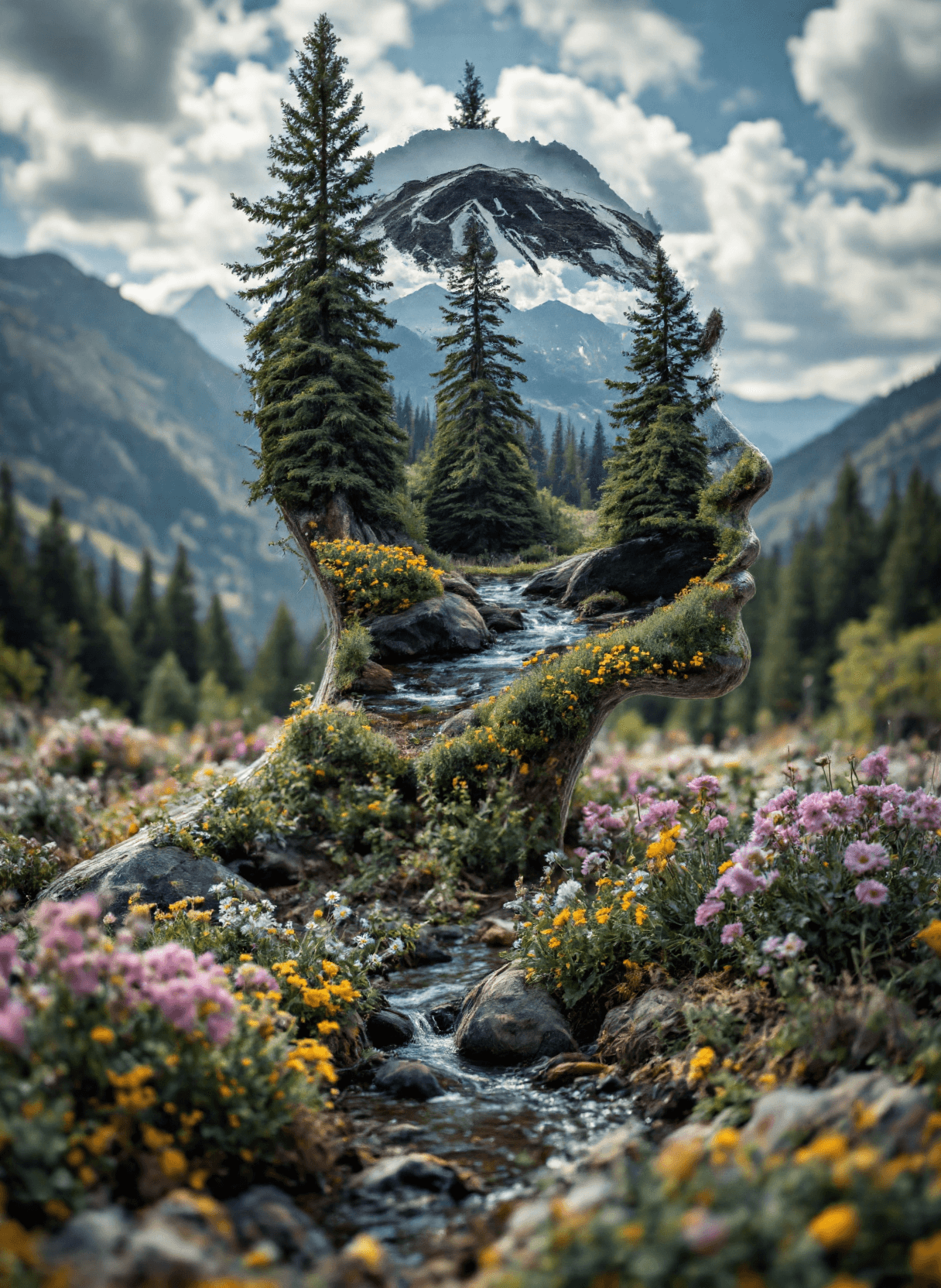 AI generated: The image is an artistic composition that combines elements of nature with human features. It depict...
