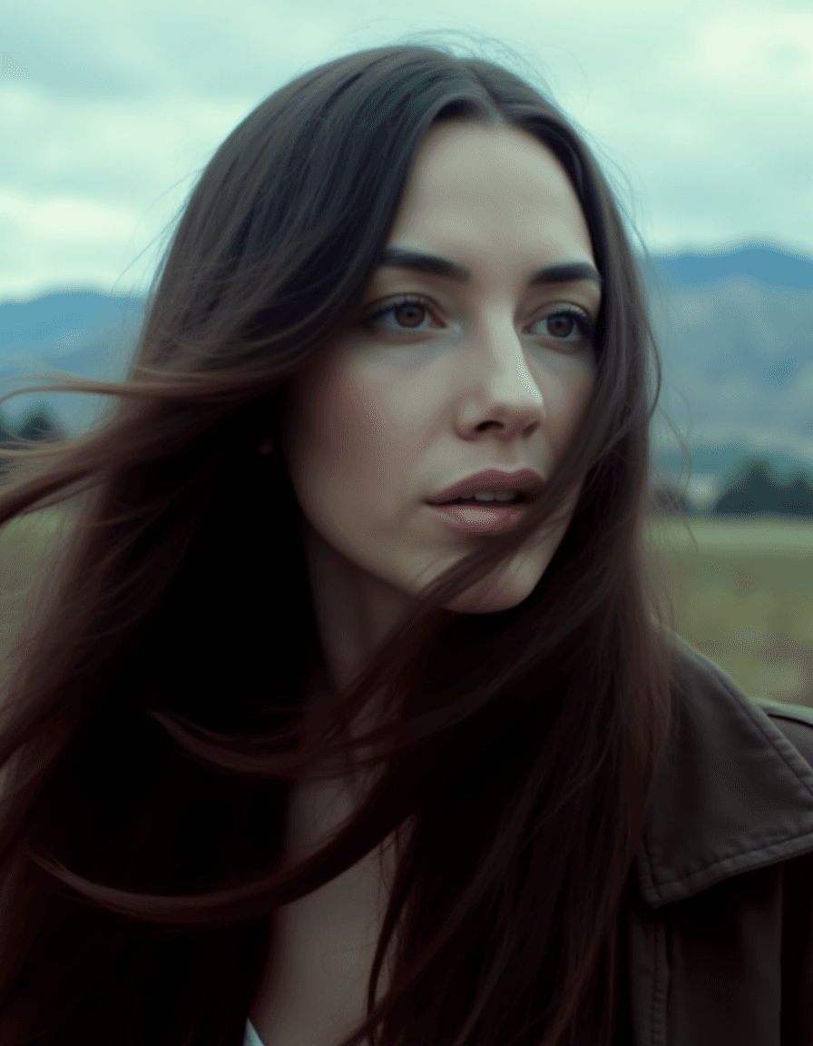 AI generated: A close-up of a woman with long, wavy dark brown hair blowing gently in the wind, her somber, contem...
