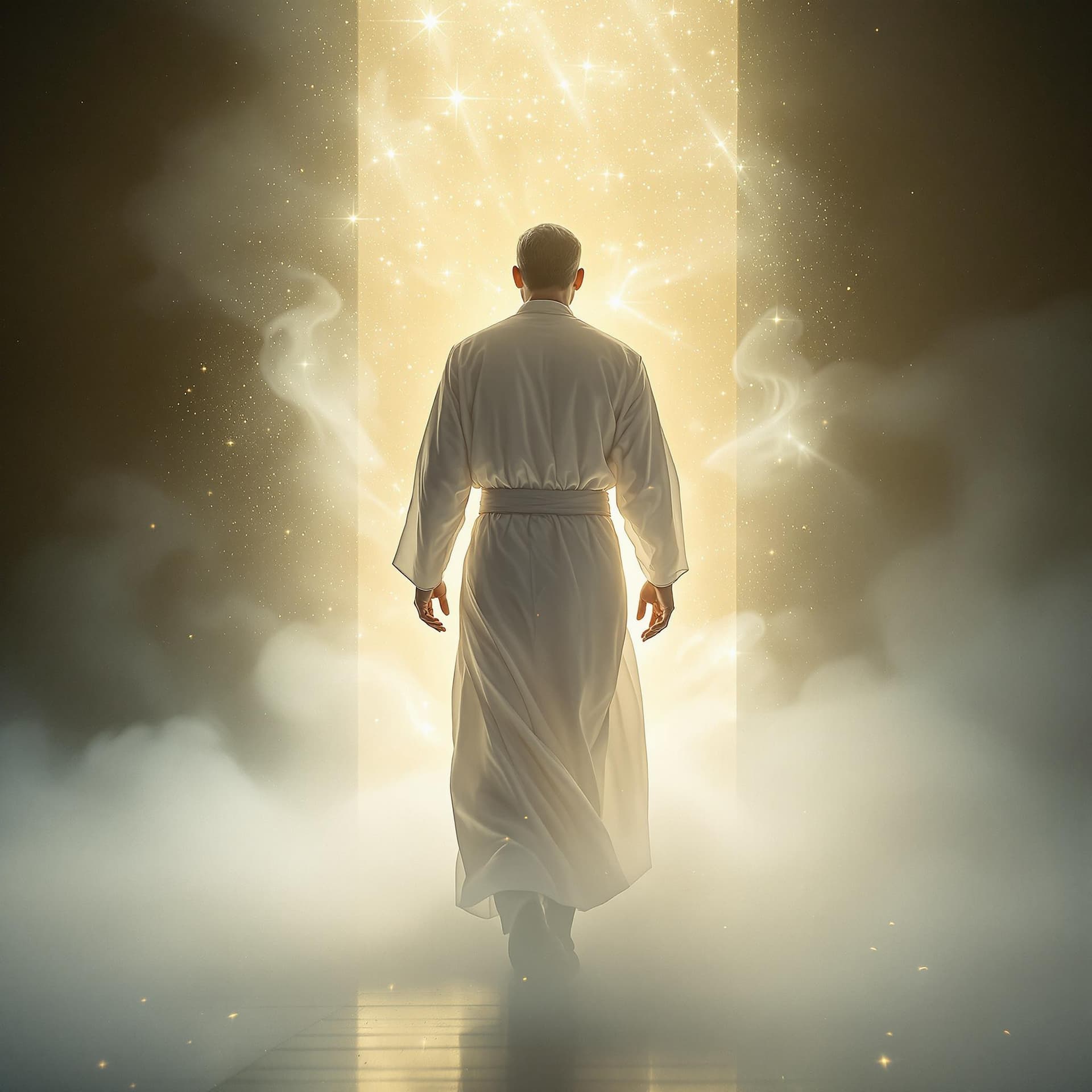 AI generated: A fine art, hyper-realistic, cinematic image of a man wearing a white long cotton robe with a sash, ...