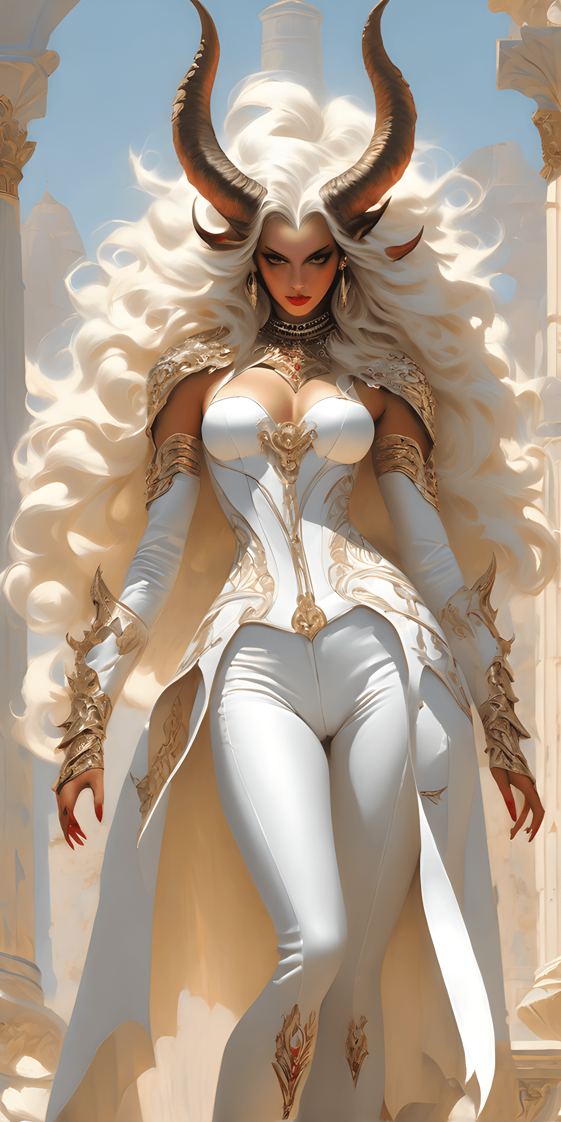 AI generated: Dramatic art, amazing view, race Castanic, demonic lady full body, long hair, little horns, elegant ...
