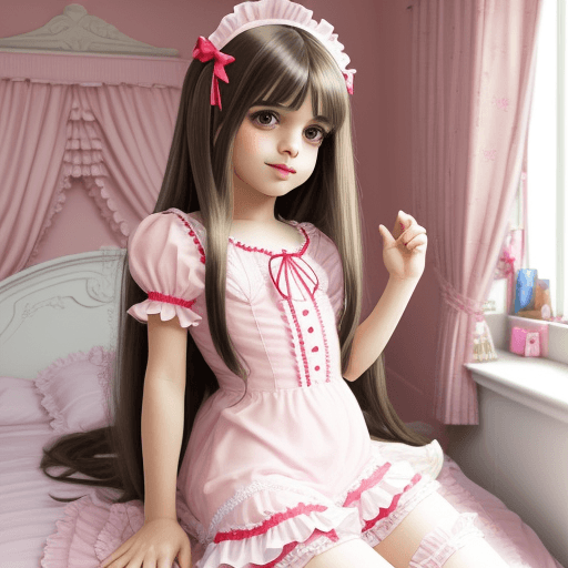 AI generated: Pretty long haired sissy boy in frilly short dress in their bedroom