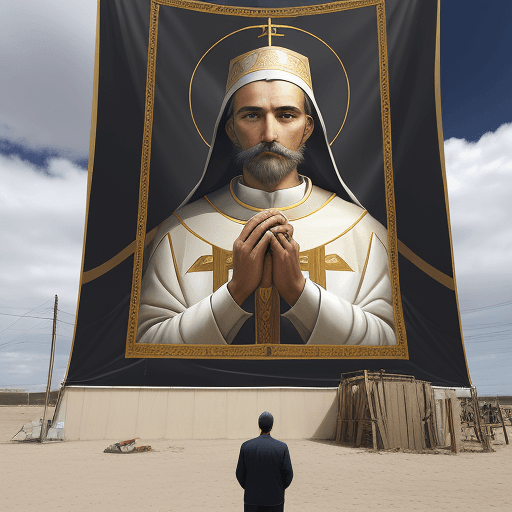 AI generated: a man standing next to a large banner with a picture of a saint on it, inspired by Cagnaccio di San ...