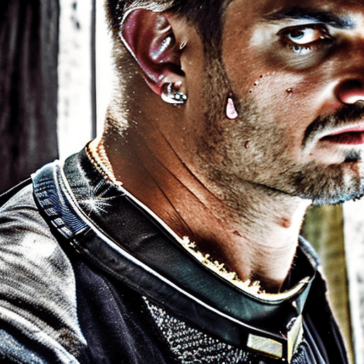 AI generated: award winning waist up photo of a rugged fantasy barbarian, wearing torn leather jerkin, muscular, s...