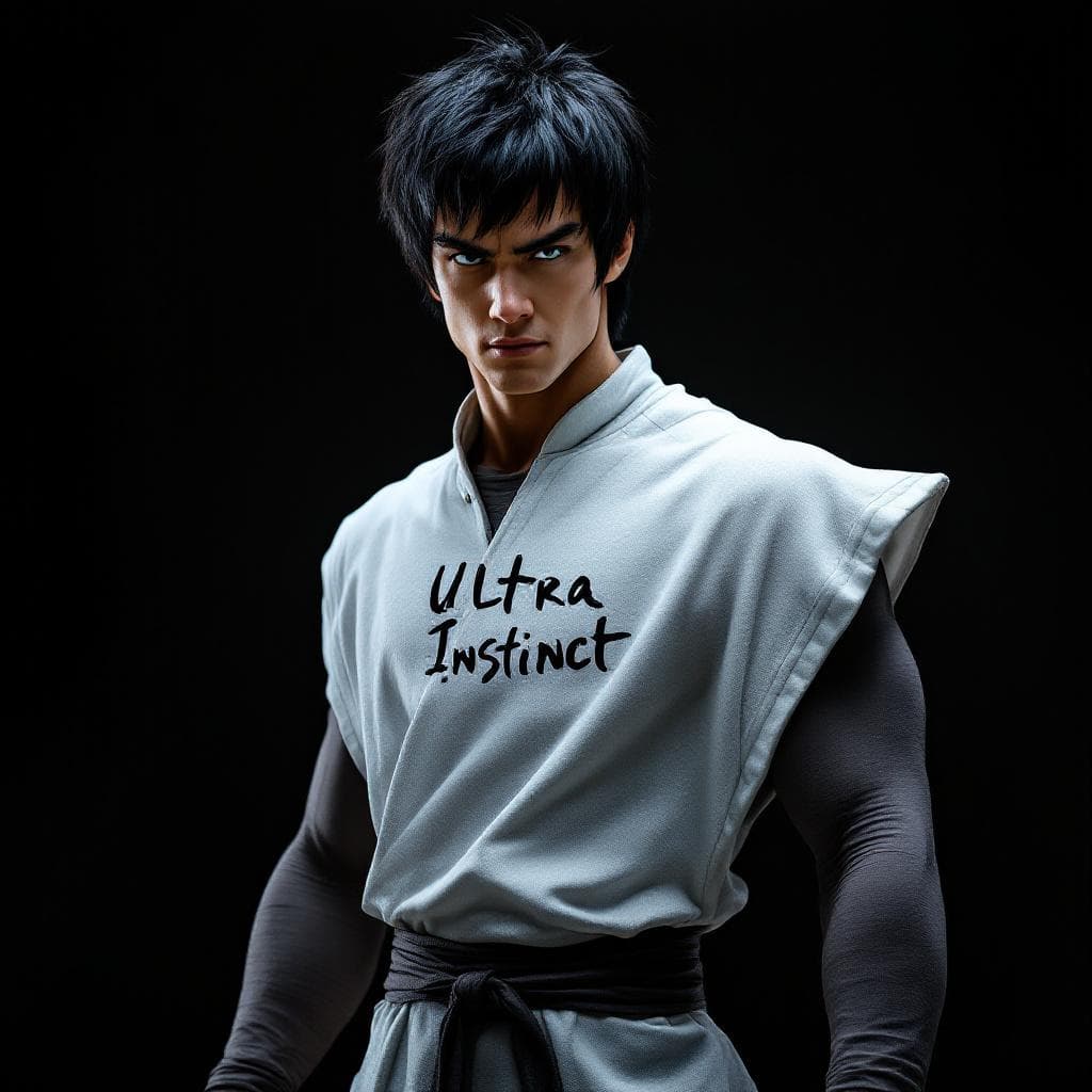 AI generated: Songoku Mastered Ultra Instinct form, wearing his training suite Written on chest fabric "Ryan Lee",...
