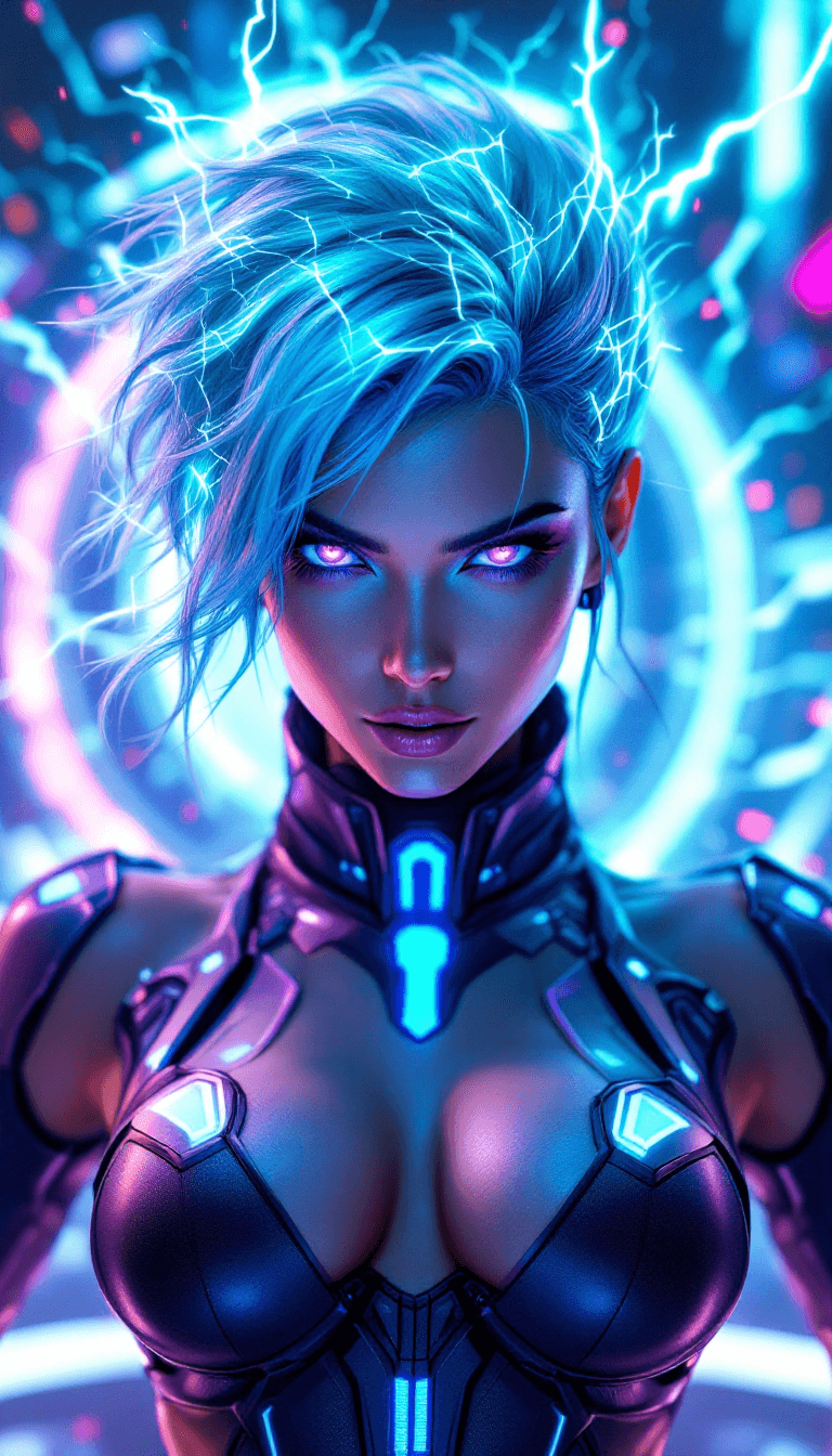 AI generated: A dynamic and vibrant character with vibrant turquoise hair that seems to crackle with energy. Her e...