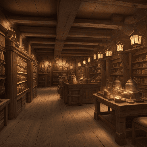 AI generated: High resolution photography interior design, dimly lit medieval store, wood furniture, lanterns , co...
