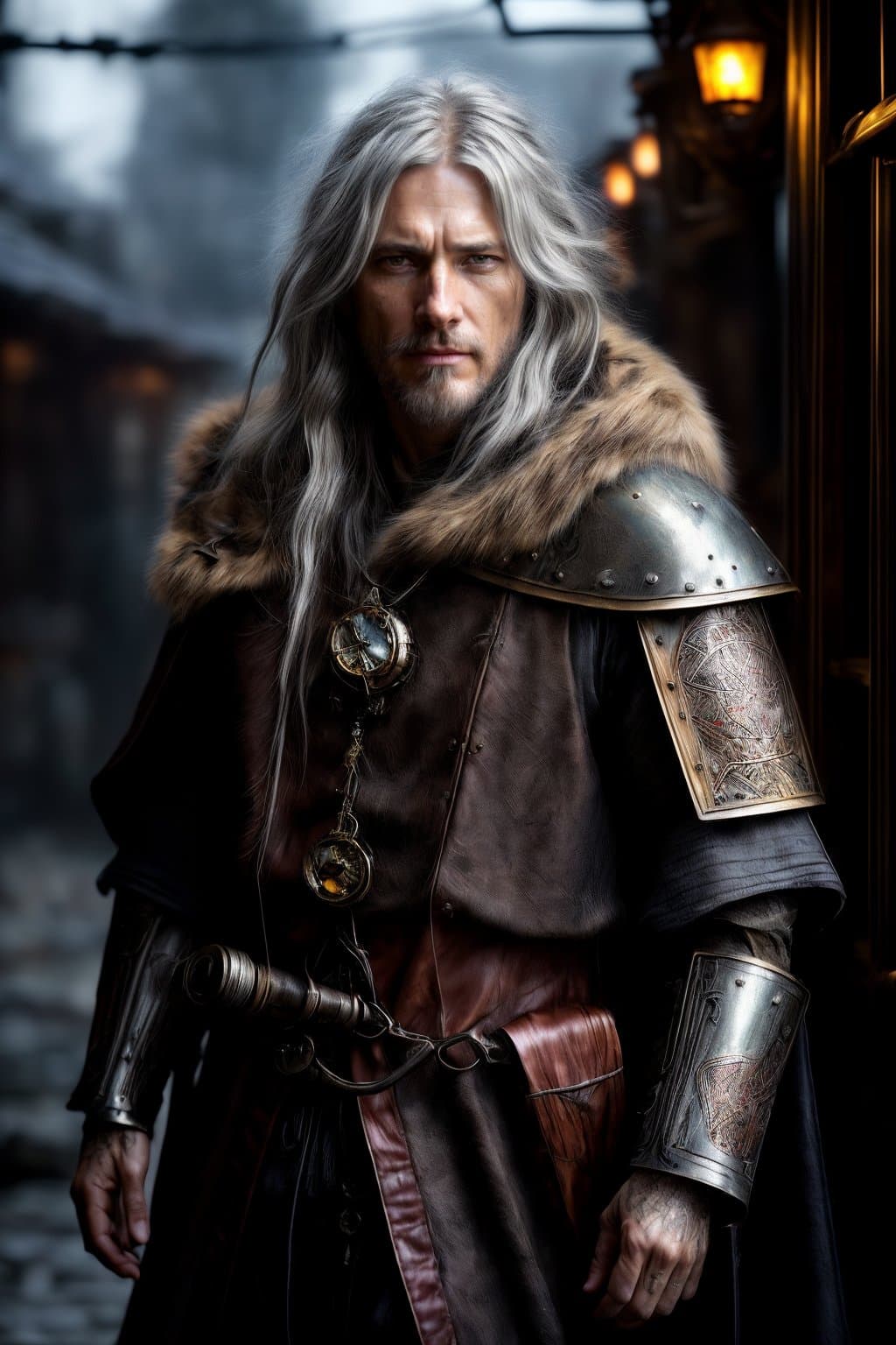 AI generated: portrait of a (medieval fantasy steampunk magitek male bounty hunter artificer) , enclosed great hel...