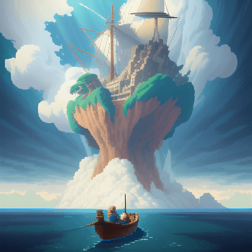 AI generated: 
16 bit pixel art, epic composition of a explorer in a boat reaching an island in the clouds, by stu...