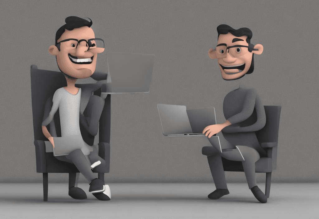 AI generated: Smiling man sitting in a chair holding a laptop, 3d cartoon style, solid dark gray background