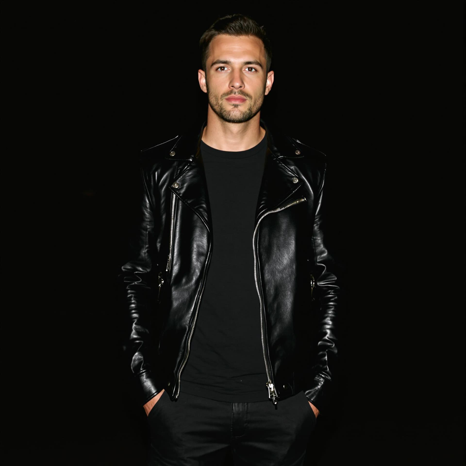 AI generated: A 30-year-old man in a sleek black leather jacket, paired with a matching black t-shirt and pants, s...