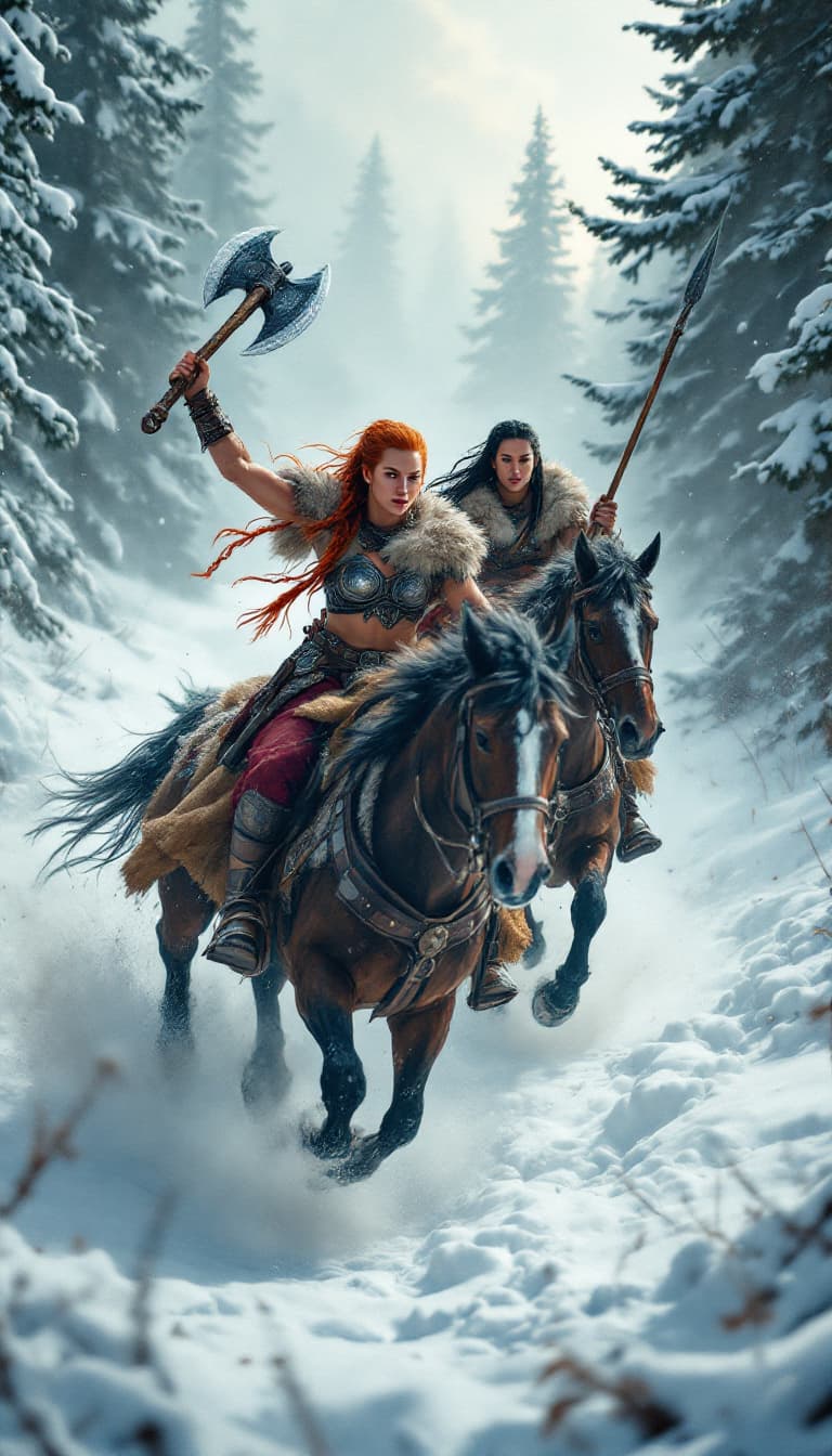 AI generated: Two Viking warrior women galloping through a snowy forest on powerful horses; one with fiery red hai...