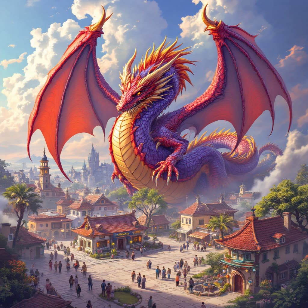 AI generated: A Hydra dragon in all of it splendor In hues of red and orange with some purple approaching a town s...
