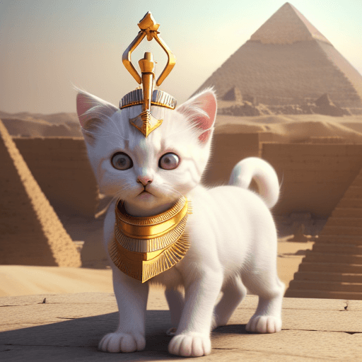 AI generated: prompt: Cute white kitten transformed into an Egyptian pharaoh, wearing ancient noble clothes, with ...