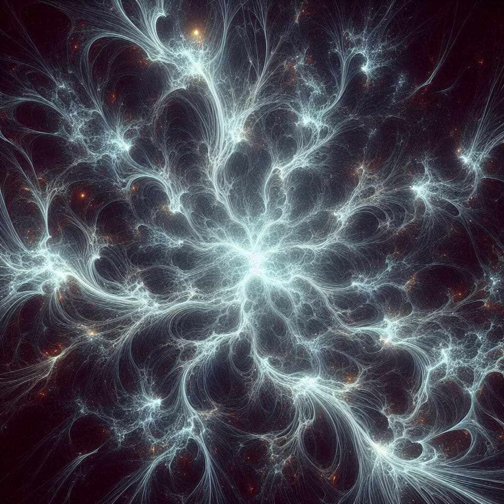 AI generated: In a barely visible foamlike maze glowing white filaments connect areas of concentrated fog in a mos...