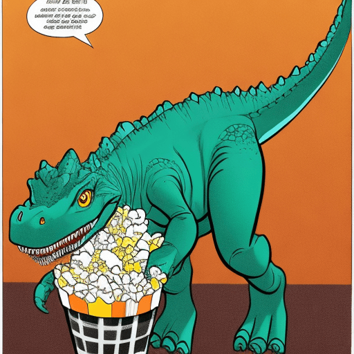 AI generated: A dinosaur eating popcorn in comic art for children. not a dinosaur. a very cute dinosaur please. 
