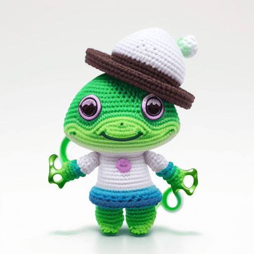 AI generated: handmade diy caractor colecttion Nendoroid style (Amigurumi chibi green and rainbow frog, dynamic co...