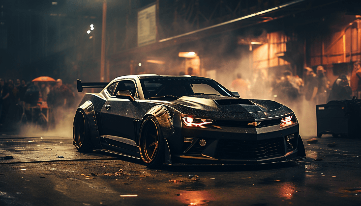 AI generated: Car meet crowd, Chevrolet Camaro wide body tuned , dark night, standout presence, automotive enthusi...