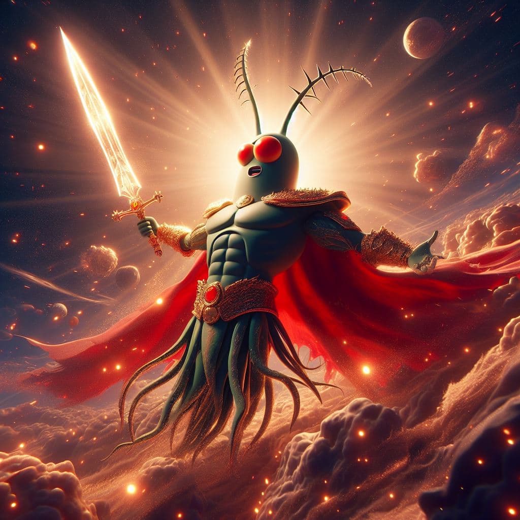 AI generated: plancton is the mightiest god with a sword, red eyes, heroic pose, divine and celestial light, maste...