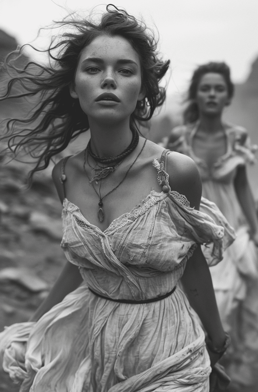 AI generated: black and white photograph of women running, in the style of intense gaze, hauntingly beautiful, ric...