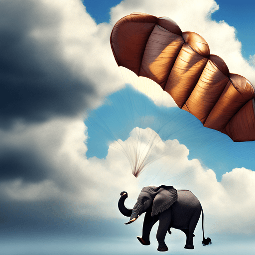 AI generated: Elephant with parachute falling through sunny clouds.
Style: photo realistic