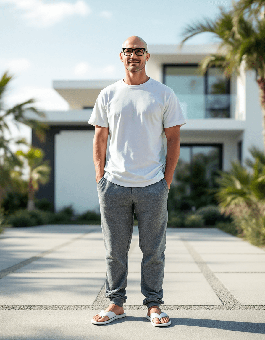 AI generated: Full length shot, Hyper-Realistic photo, handsome Caucasian bald man, clean face, clean shaved face,...